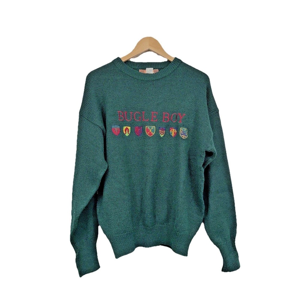 VTG 90s Bugle Boy Embroidered Crest Sweater Mens Large Green Knit Spellout Crew